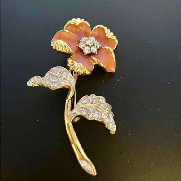 Nolan Miller Jewelry - Vintage Nolan Miller Peach Enamel Rhinestone Floral Brooch